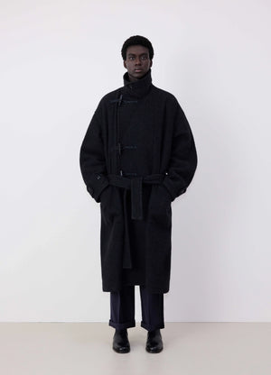 Lemaire oversized short duffle coat in dark wool and alpaca mix, model shot, front view belted oversized fit