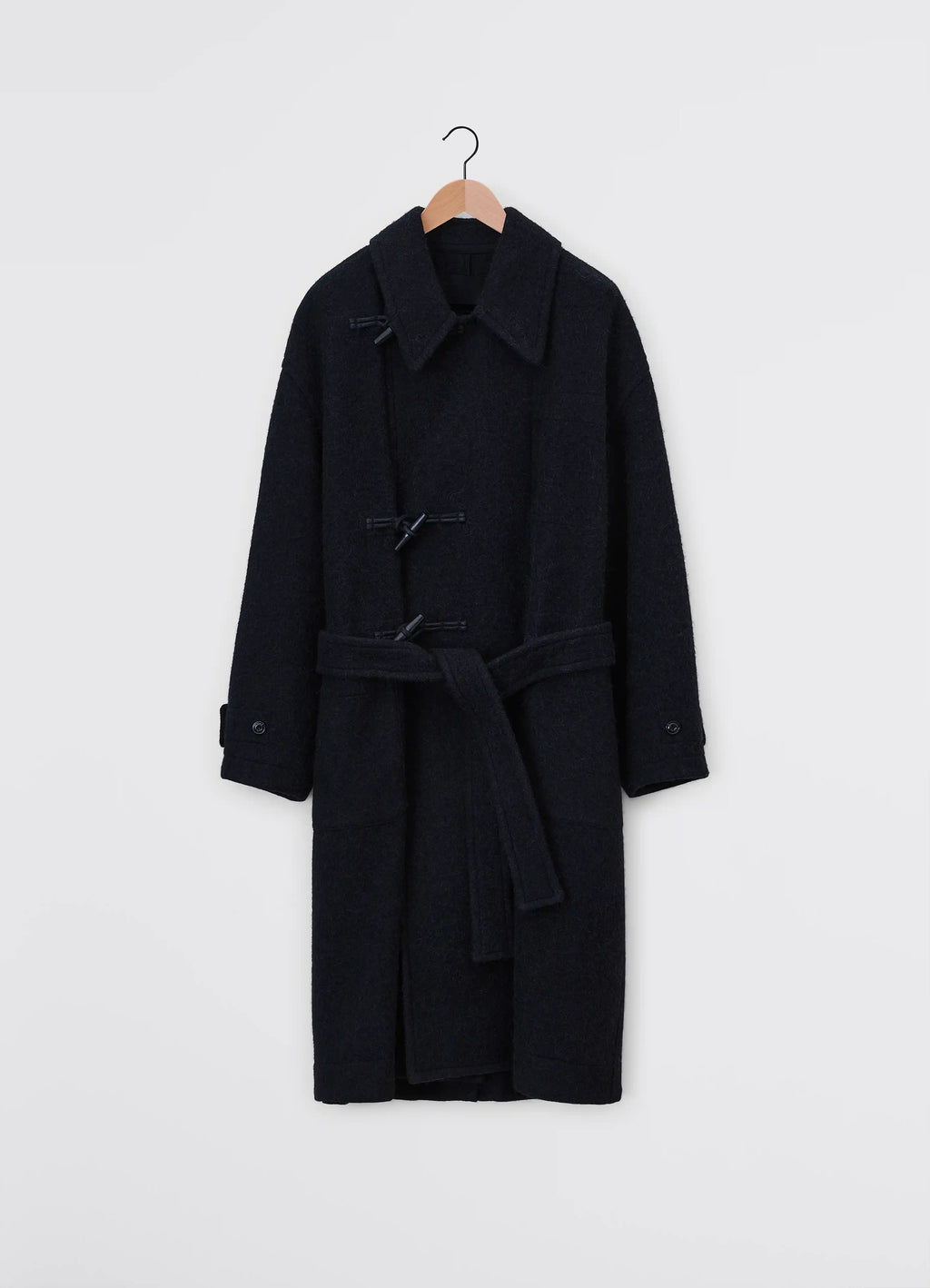 Lemaire short duffle coat in wool and alpaca mix, product shot, back view wooden toggle closures, elongated s