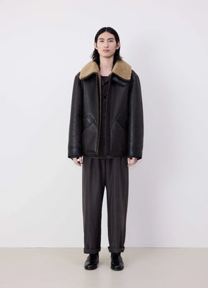 Lemaire shearling coat in heavy lamb shearling, model shot, front view boxy silhouette