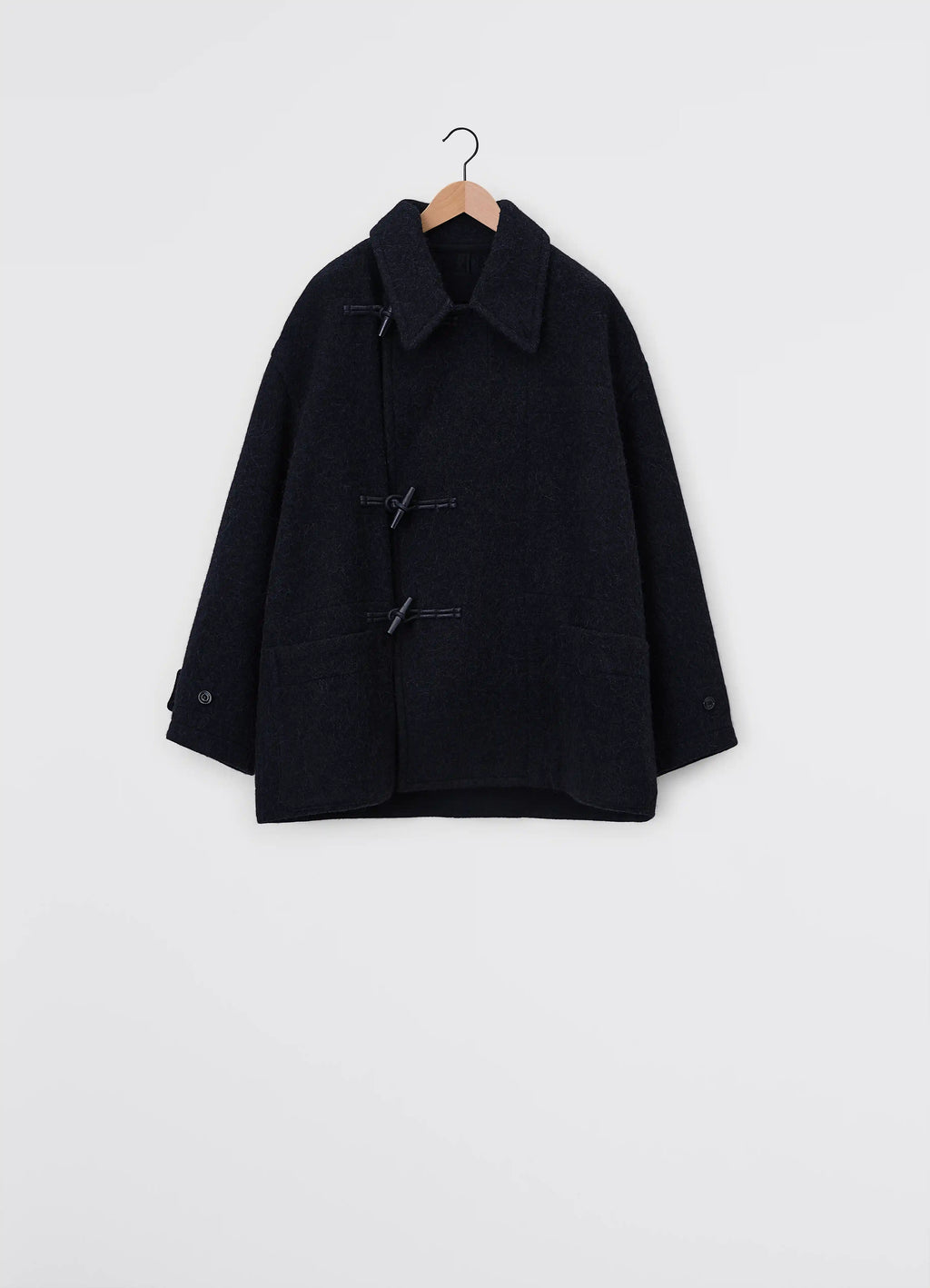 Lemaire short duffle coat in wool and alpaca mix, product shot, front view boxy silhouette