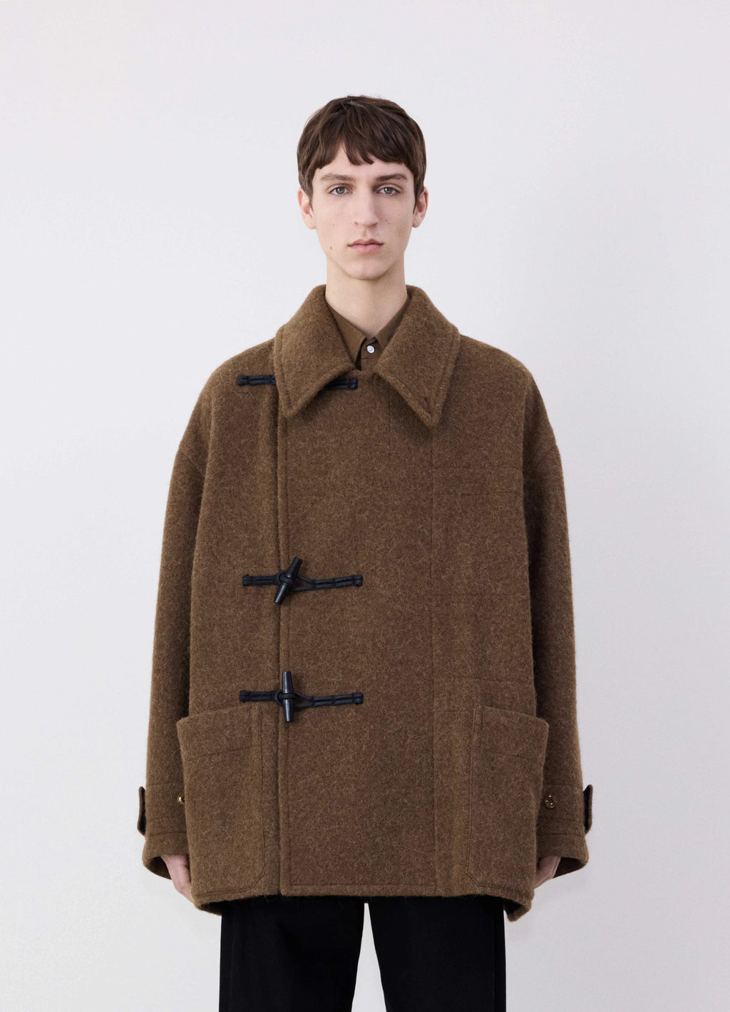Lemaire short duffle coat in wool and alpaca mix, model shot, front view boxy silhouette