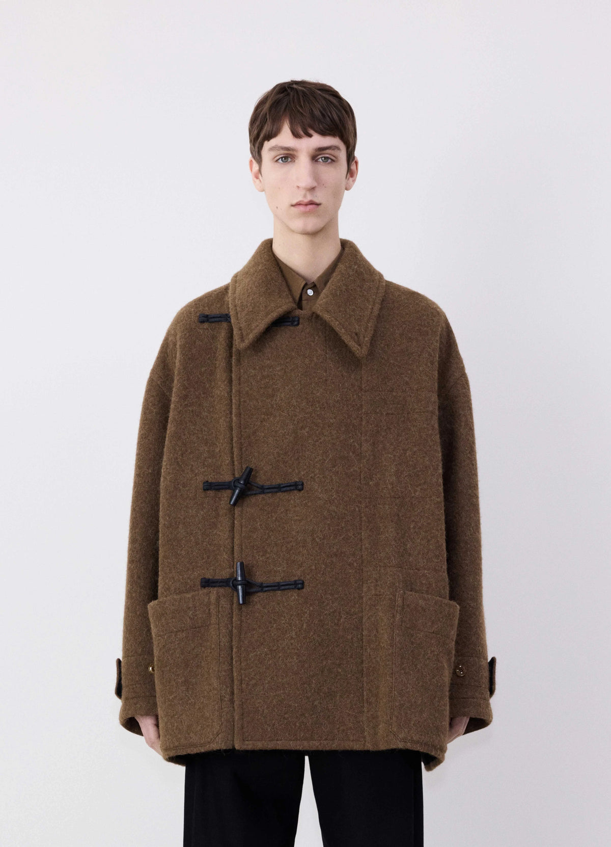 Lemaire Short Duffle Coat in Wool and Alpaca Mix, model shot, Front view Boxy silhouette