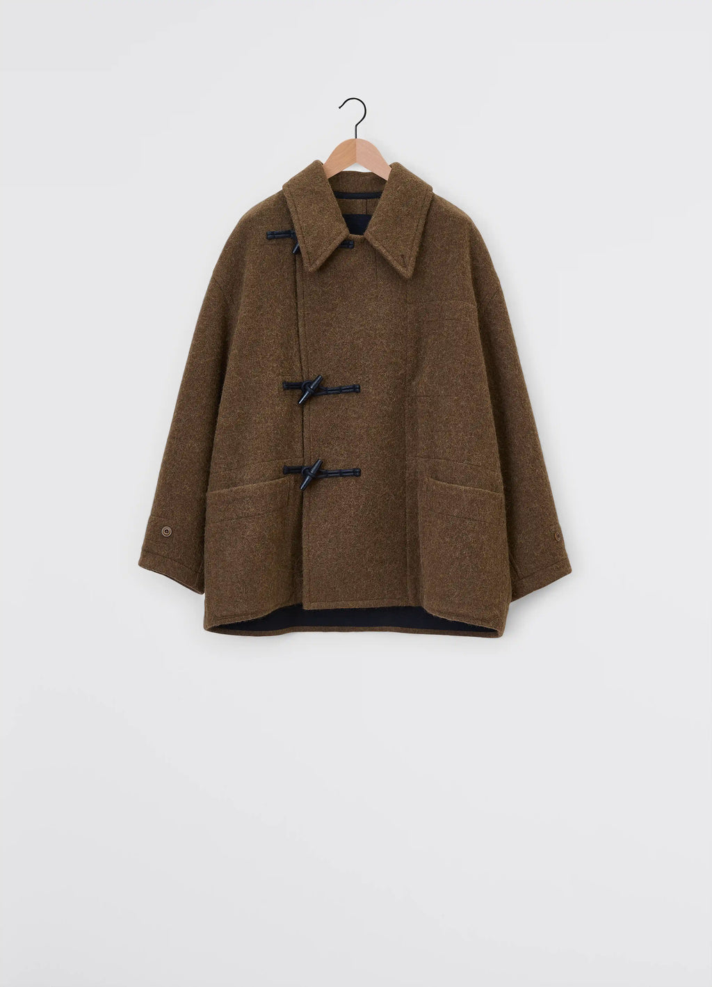 Lemaire short duffle coat in brown wool alpaca mix, product shot, back view on hanger convertible collar detail