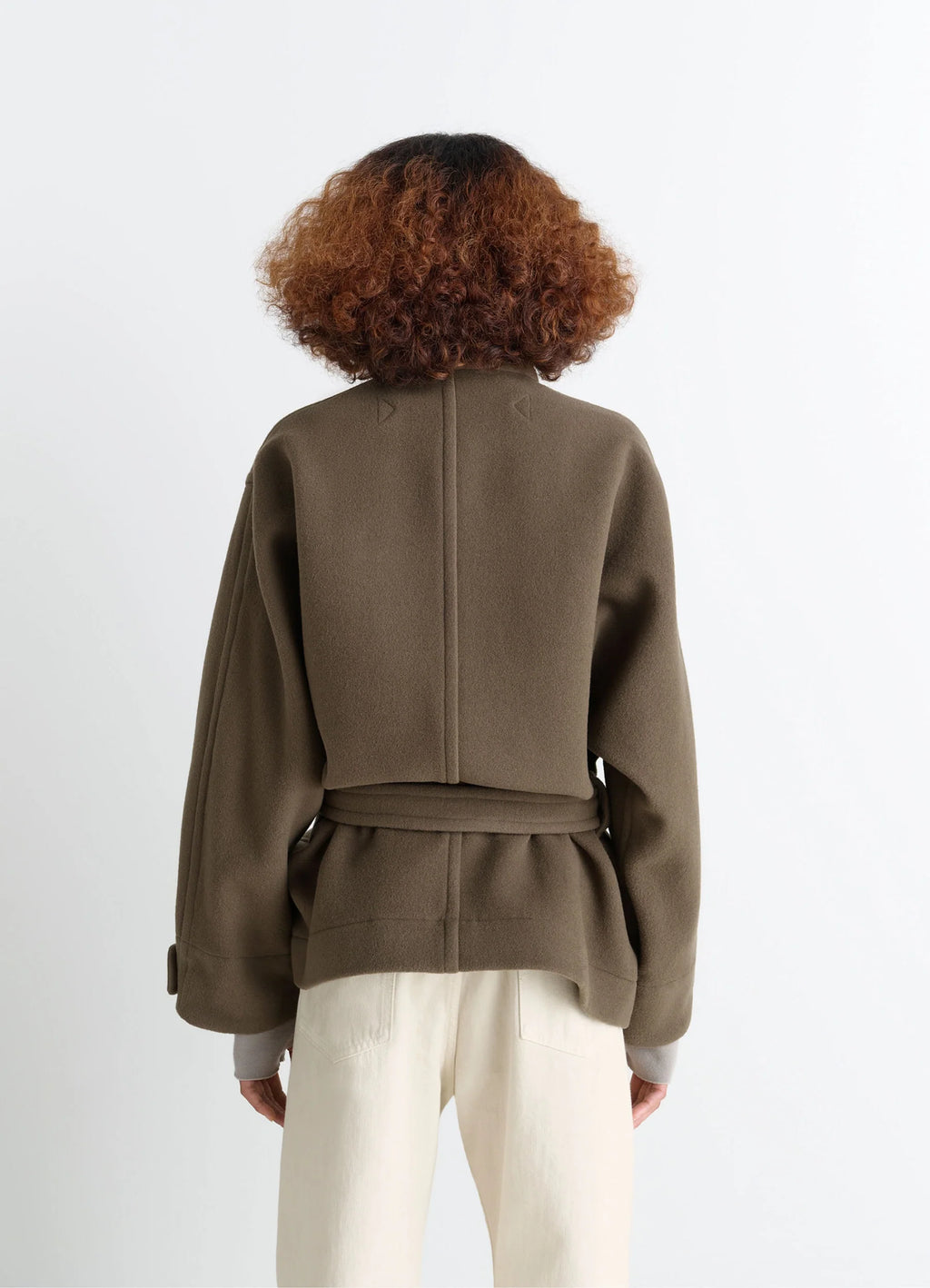 Lemaire short duffle coat in olive double-faced wool, model shot, back view belted waist