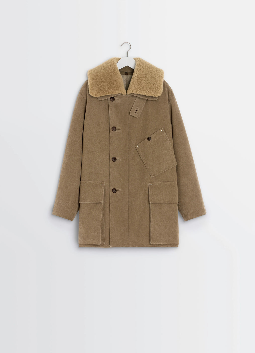 Shearling winter parka in brown cotton canvas, product shot, angled front shot double-breasted design
