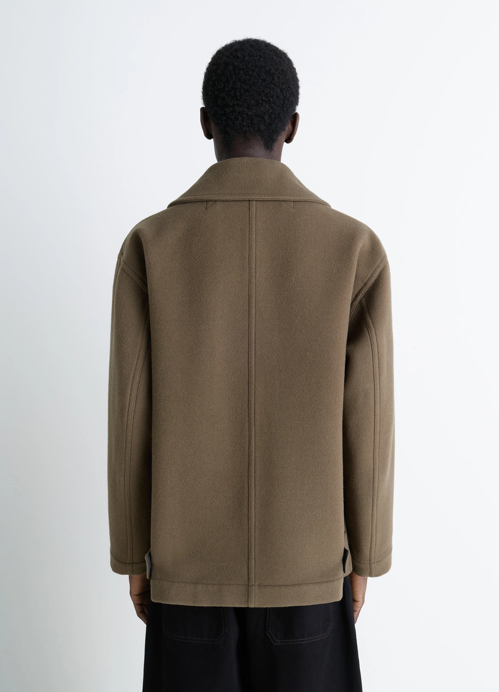 Lemaire boxy peacoat in double-faced wool, model shot, back view straight hem