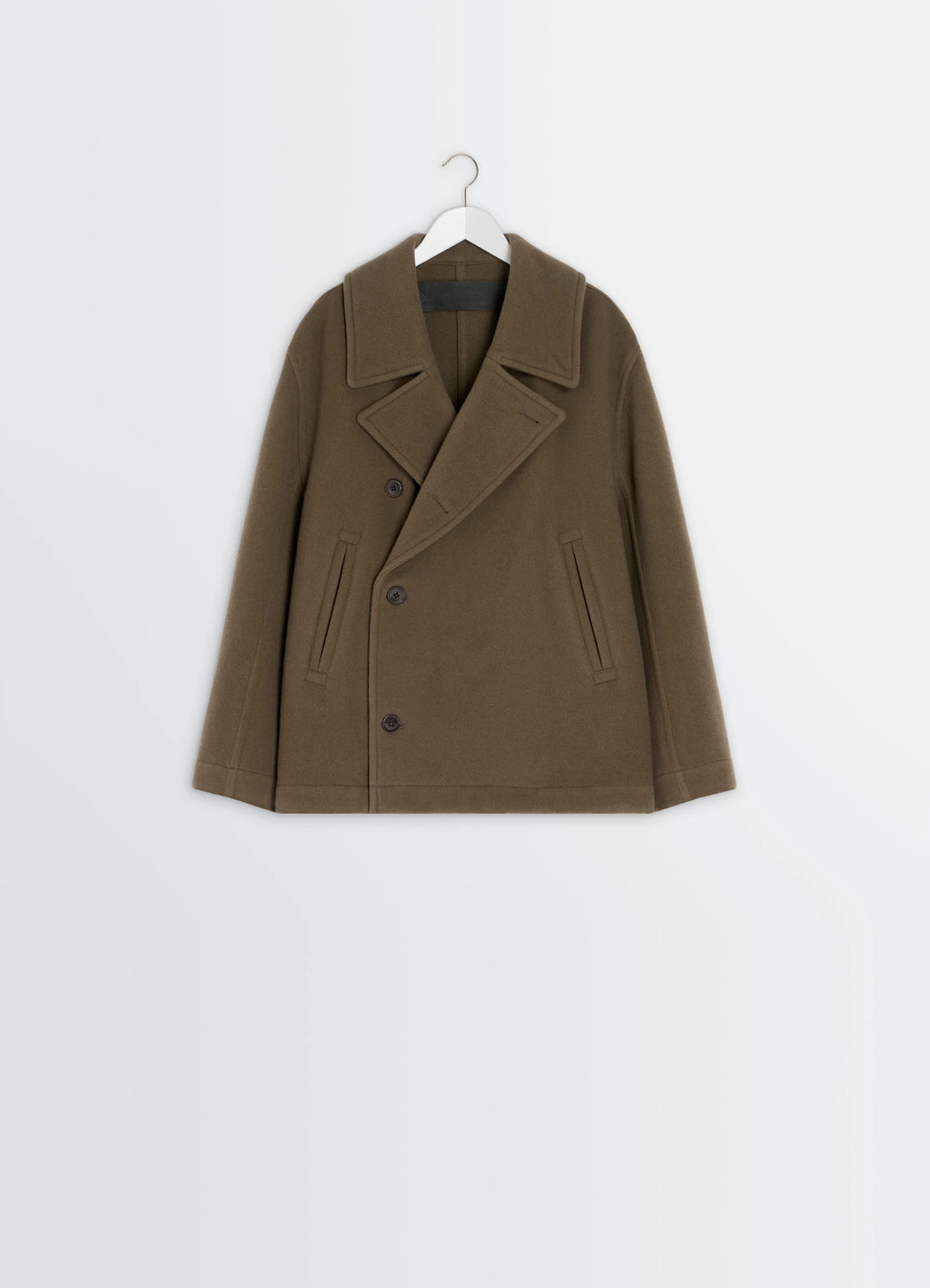 Lemaire boxy peacoat in double-faced wool, product shot, hanging display oversized lapels