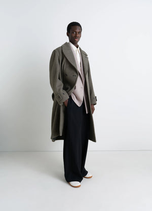 Lemaire soft coat in wool and alpaca blend, model shot, front three-quarter view loose fit, herringbone trim