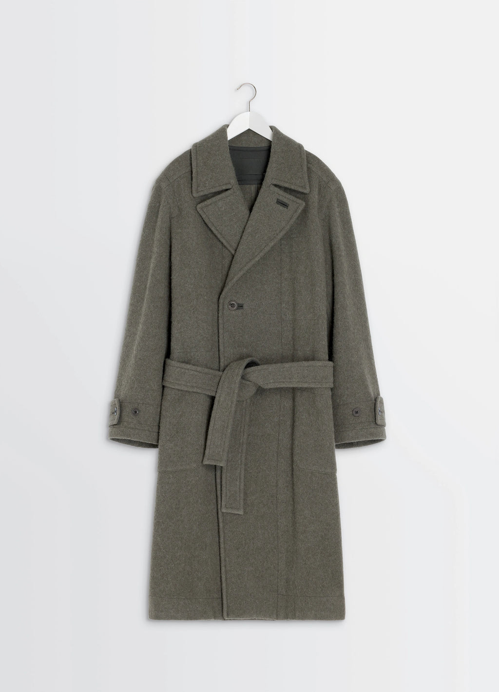 Lemaire soft coat in wool and alpaca blend, product shot, hanger front-on view double-breasted closure