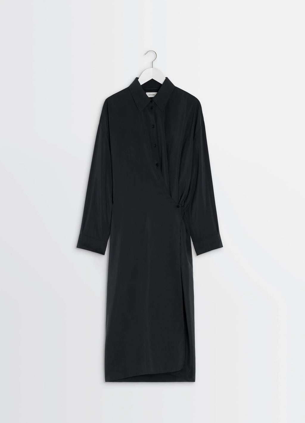 Lemaire straight collar twisted dre in black dry silk blend, product shot, angled hanging view asymmetrical overlap front