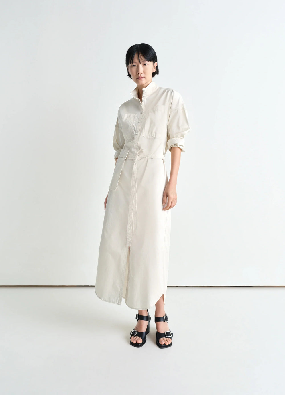 Lemaire Long Shirt Dress in Light Cotton Satin, model shot, Front view Straight cut, buttoned collar