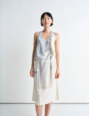 Philippe weisbecker apron dress in printed viscose technical lyocell, model shot, front view backless with cords