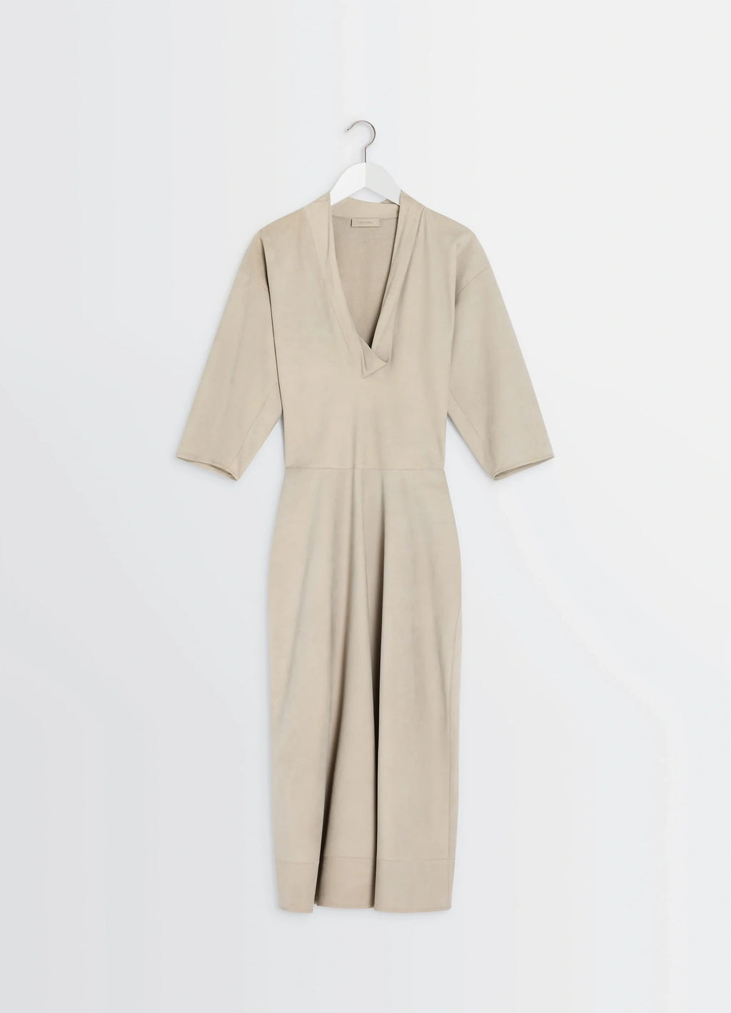 Leather v-neck dress in nubuck leather, product shot, hanger display view 3/4 sleeves, v-neck