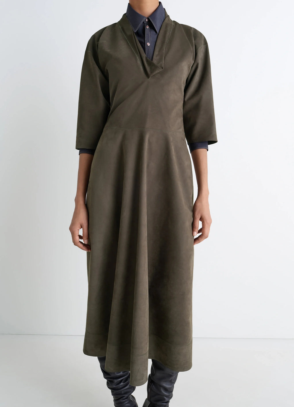 Lemaire leather v-neck dress in nubuck leather, model shot, front view three-quarter sleeves
