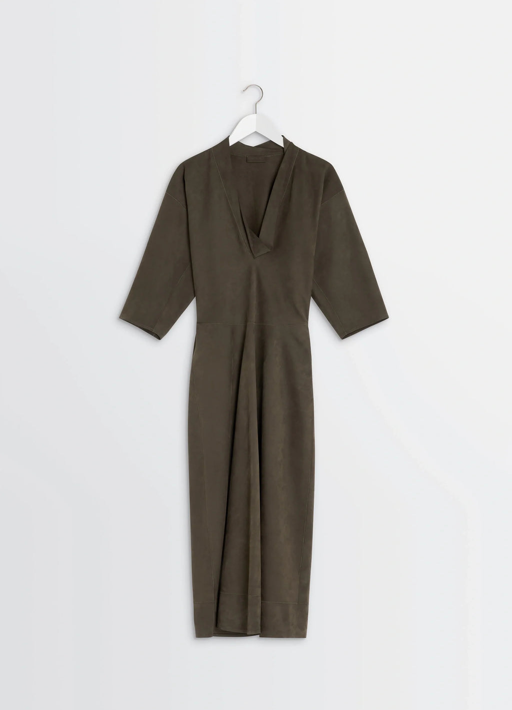 Lemaire leather v-neck dress in nubuck leather, product shot, hanging view deep v neckline