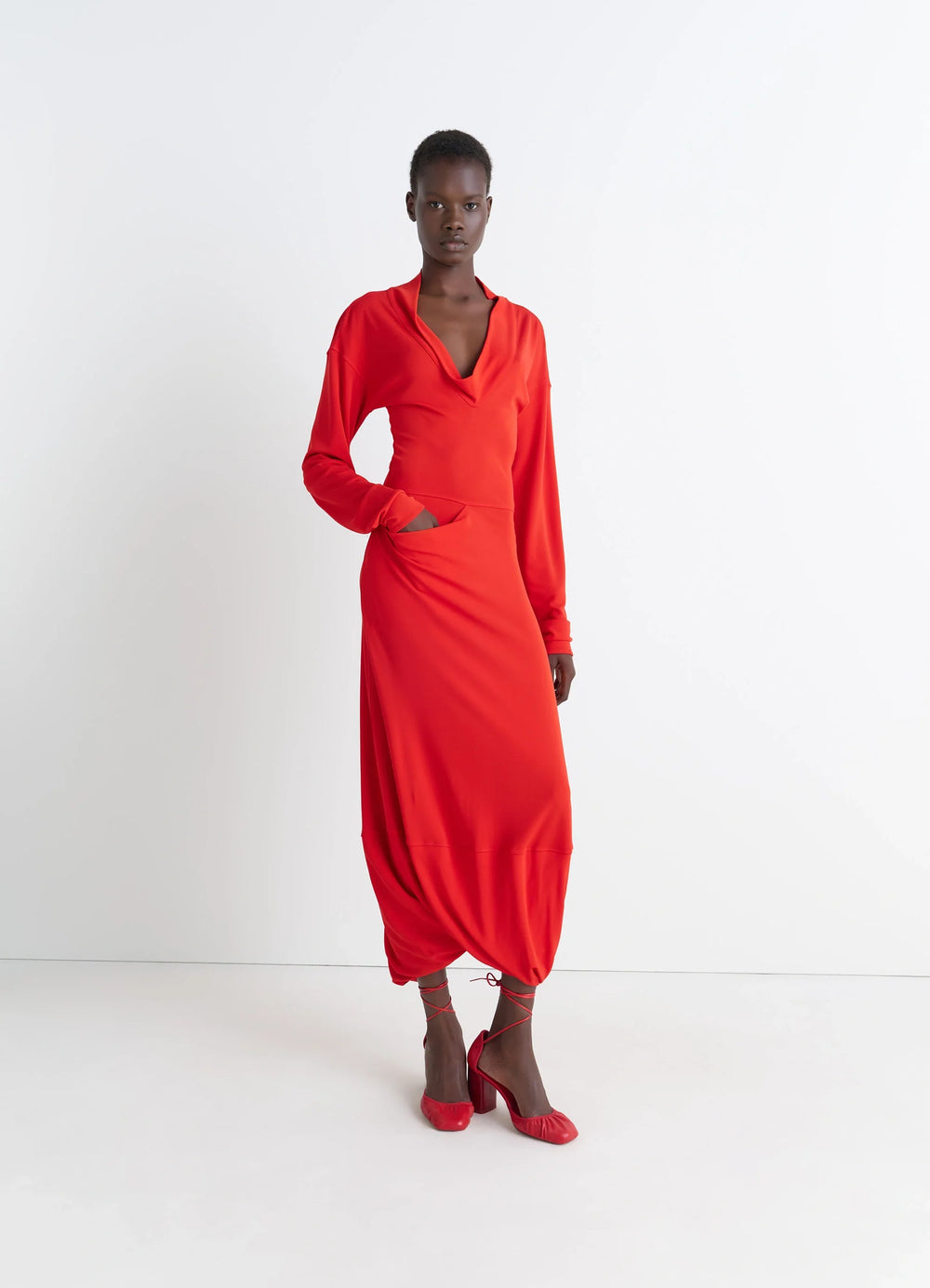 Lemaire V-Neck Dress in Red Viscose Crepe Jersey, model shot, Front view Draped long sleeve fit