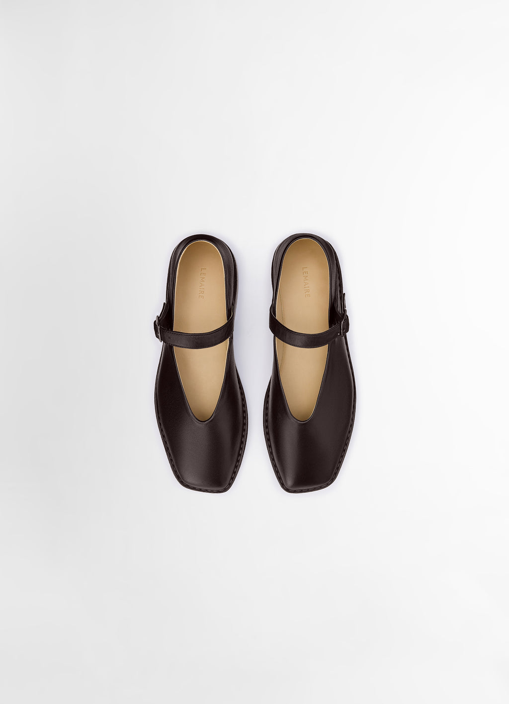 Lemaire ballerina shoes in smooth lamb nappa leather, product shot, top down detail thin strap accent