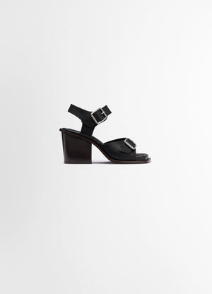 Square heeled sandals with straps 8 in smooth vegetable-tanned leather, product shot, side view ankle and toe straps