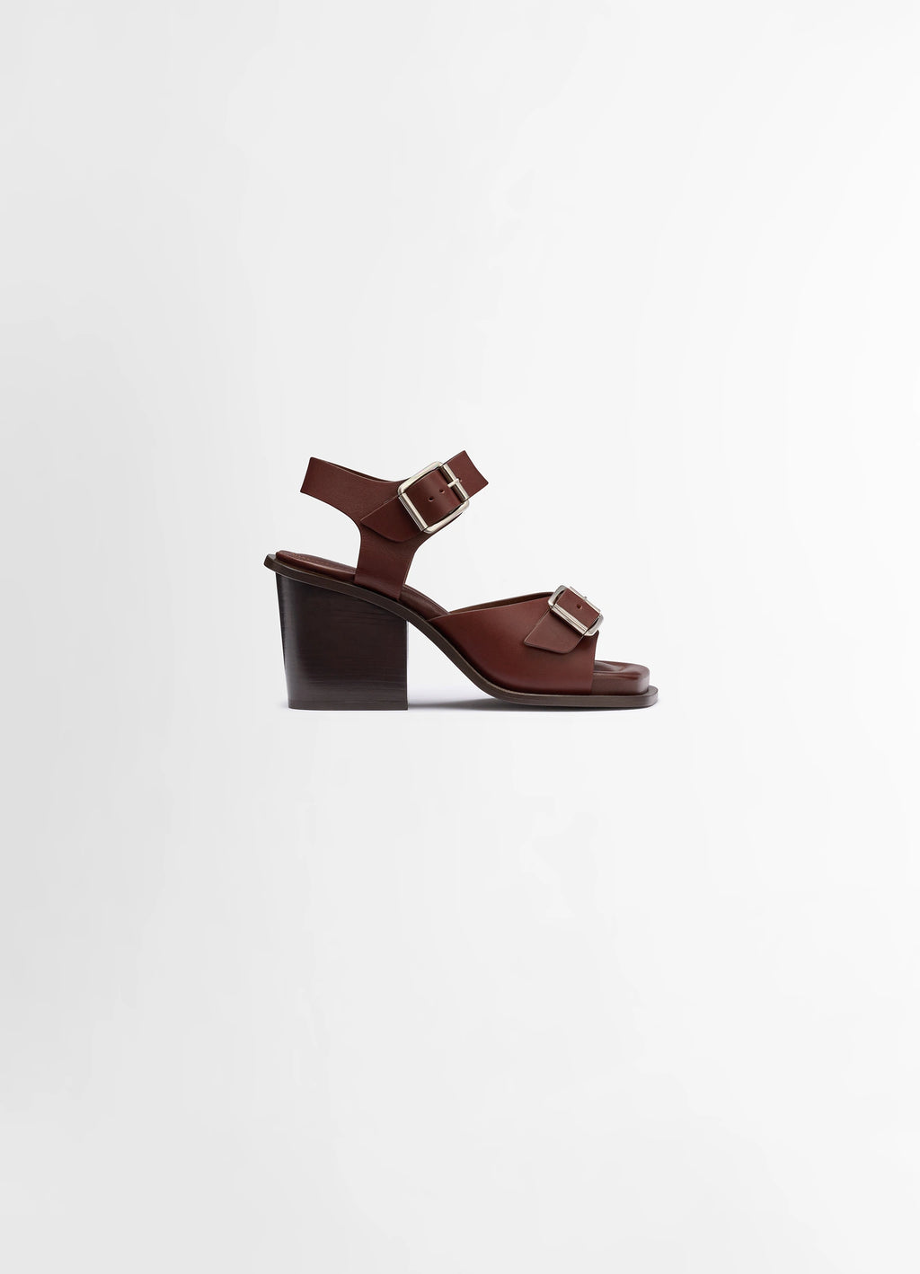 Lemaire square heeled sandals in smooth vegetable-tanned leather, product shot, side view rounded square toe, 80mm heel