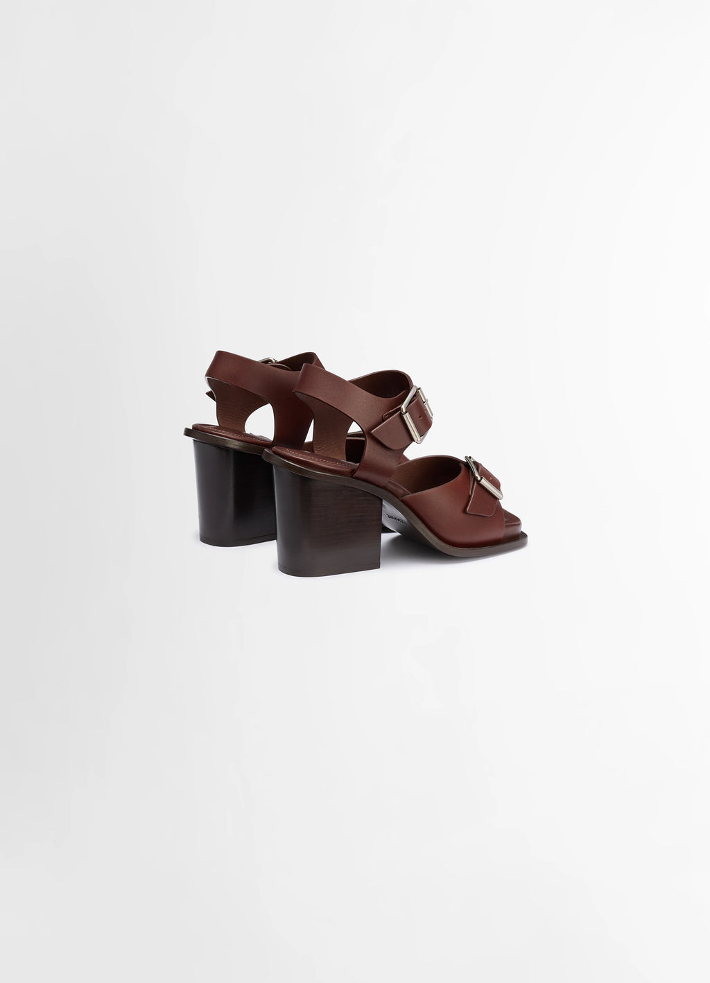 Lemaire square heeled sandals in smooth vegetable-tanned leather, product shot, rear three-quarter view cutout back straps