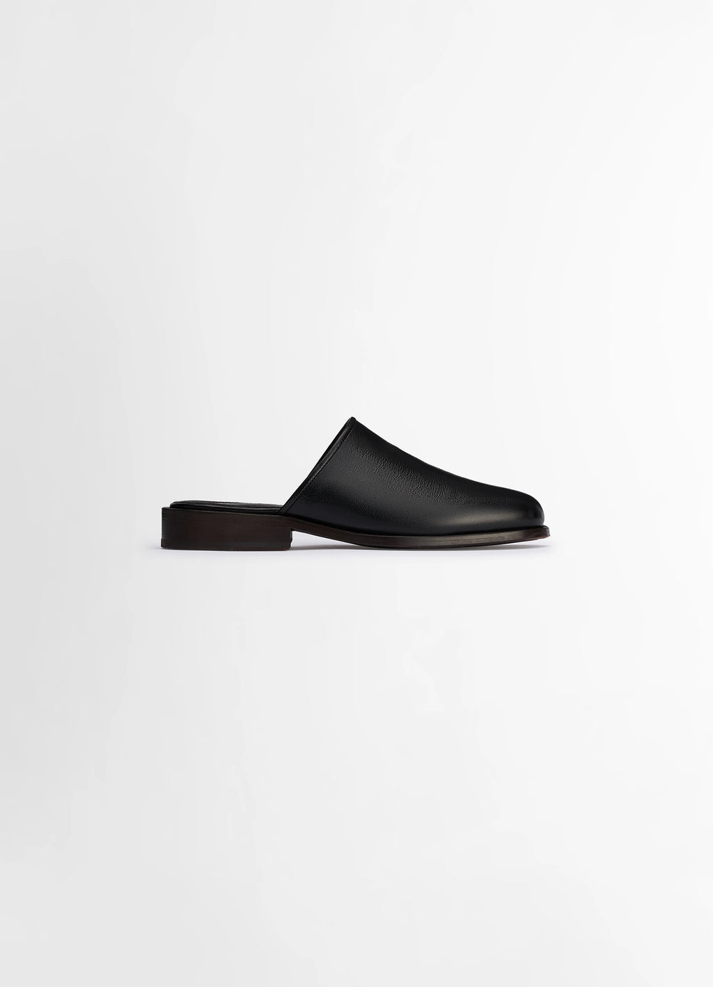 Lemaire square mule in shiny buffalo leather, product shot, side view minimal shape with square toe