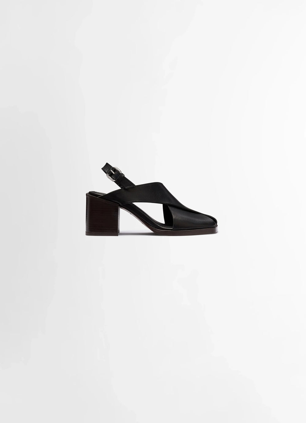 LEMAIRE Cross Sandals 80 in Black vegetable nappa leather, product shot, Side view Layered interwoven straps