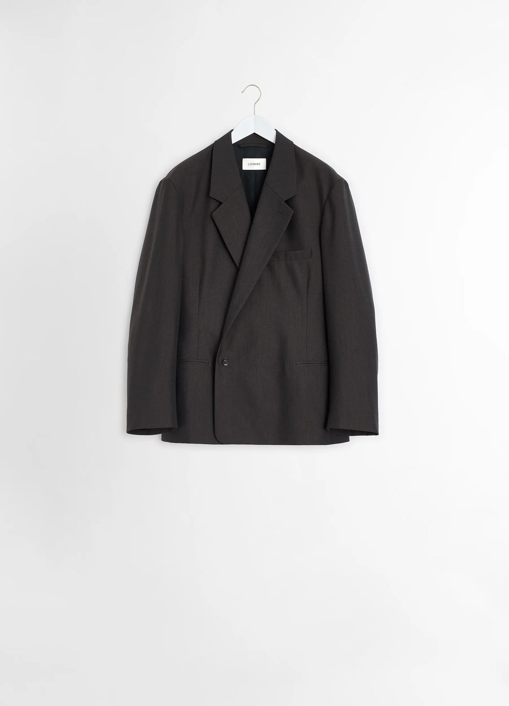 Lemaire soft double breasted jacket in tropical poly-wool mélange twill, product shot, hanger display clean single button