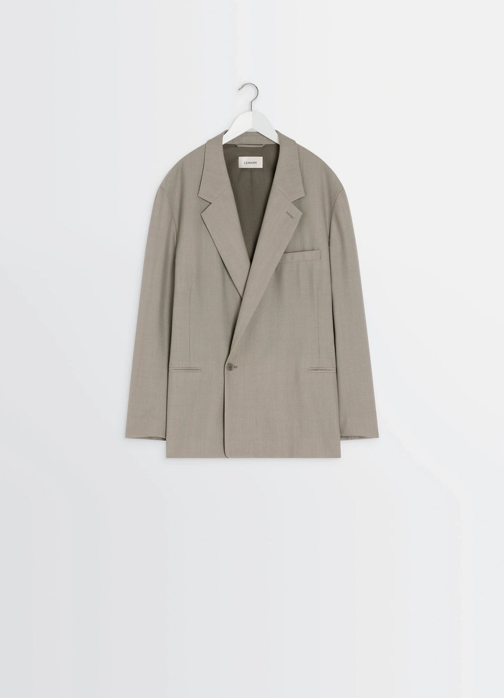 Soft double breasted jacket in mottled tropical wool-blend, product shot, hanger shot single button closure