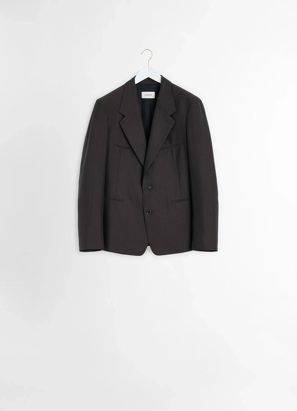 Lemaire tailored single breasted ja in mélange twill poly-wool, product shot, hanger view dual-button closure