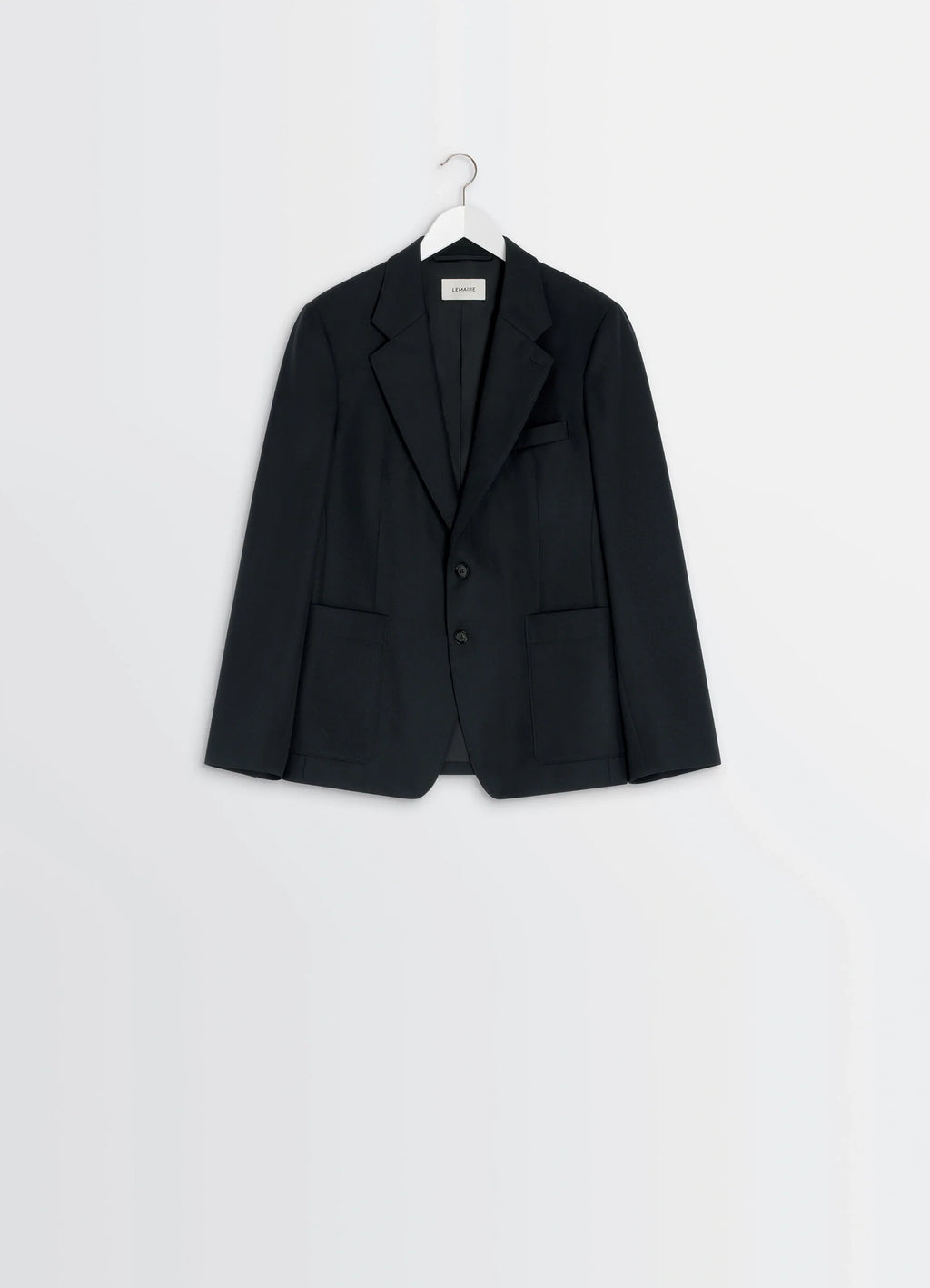 Tailored single breasted jacket in wool-blend suiting fabric, product shot, hanger display structured shoulders