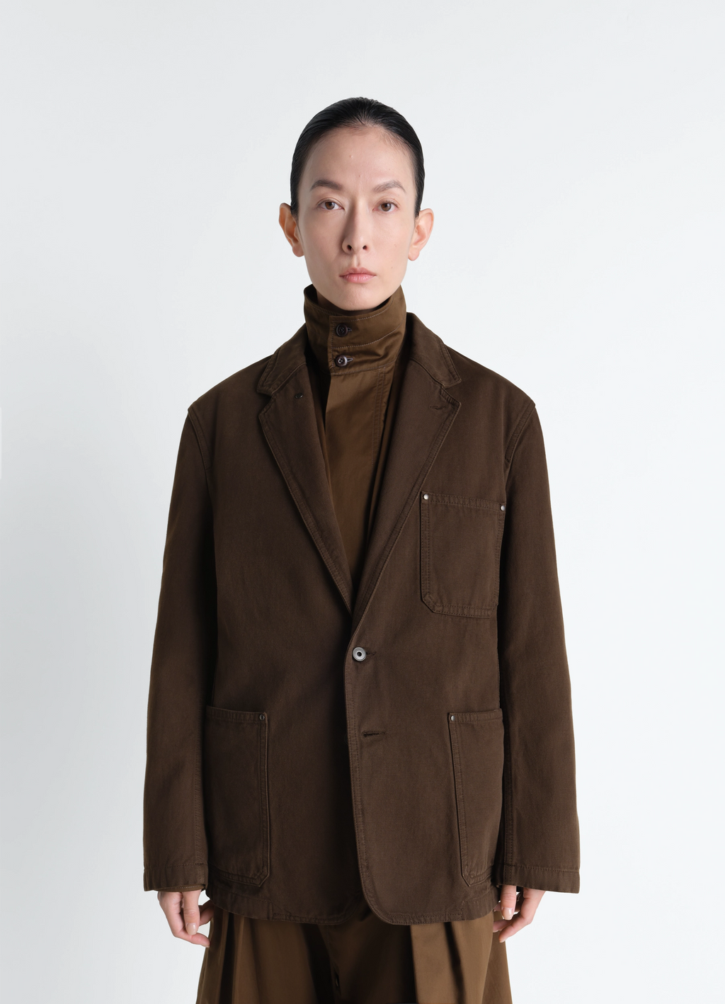 Single breasted tailored jacket in dyed heavy broken twill