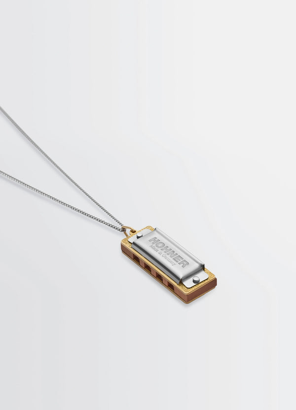 Hohner Little Lady Harmonica Neckla in Silver and Gold, product shot, angled detail shot delicate chain design