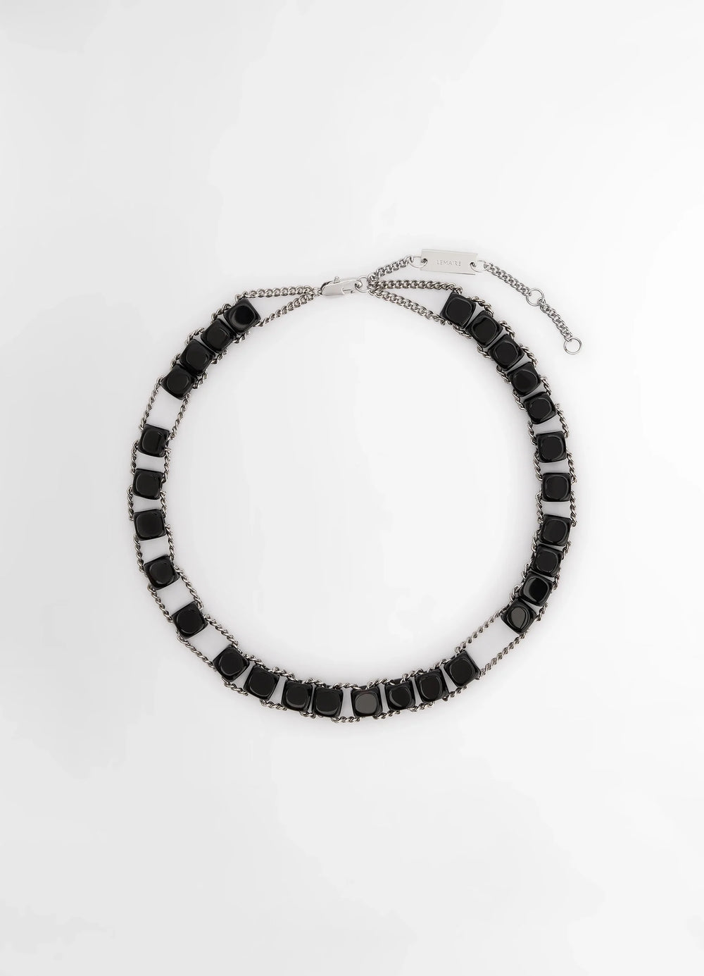 Lemaire Abacus Necklace in Shiny silver brass, black onyx, product shot, Top view Adjustable chocker