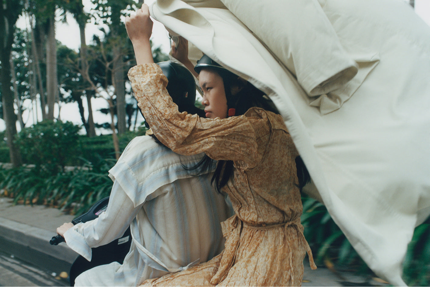 Patterned dress in Beige floral fabric, Side view Long sleeve with belt