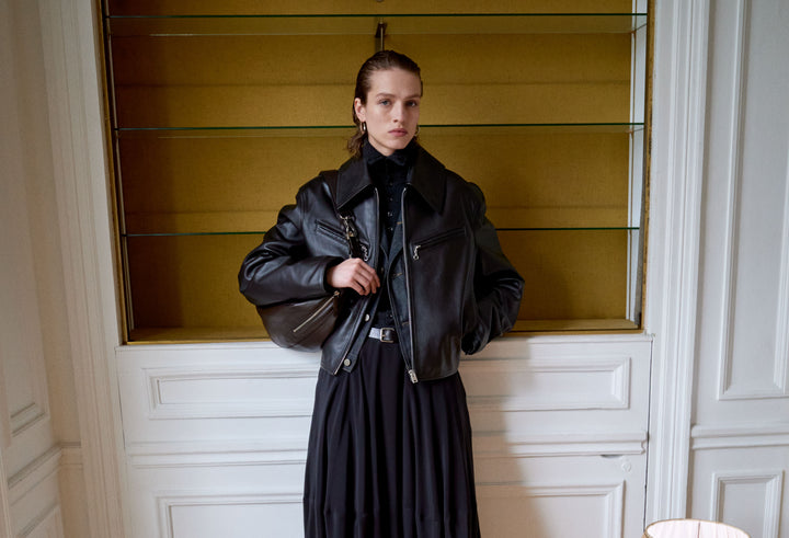 Leather jacket in black leather, model shot, front view fitted design