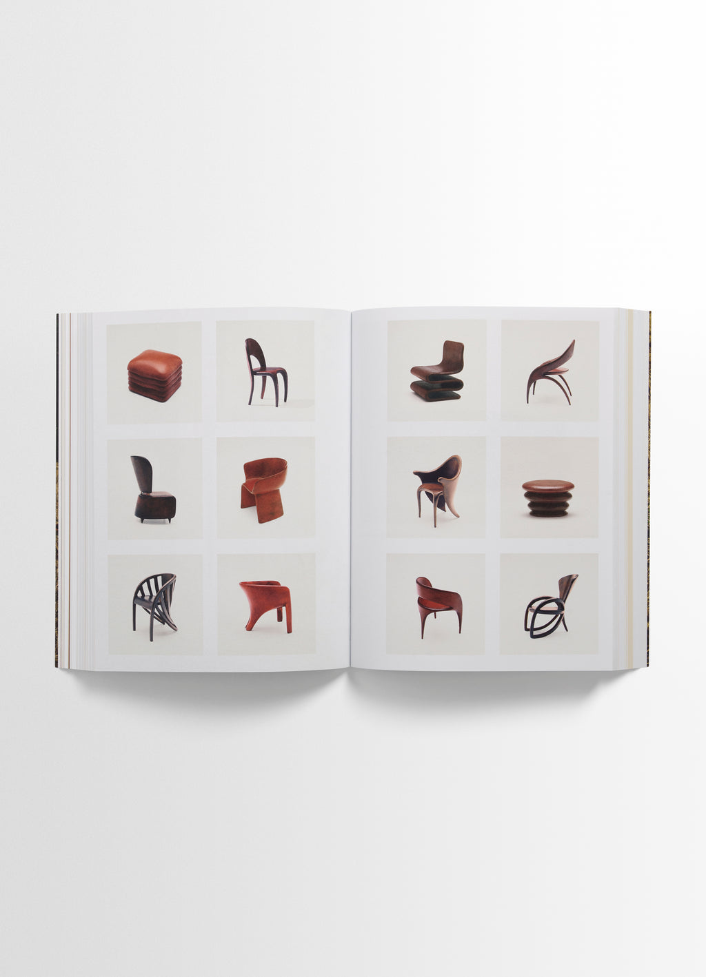 Carlos peñafiel book in molded leather, product shot, overhead open view grid layout display