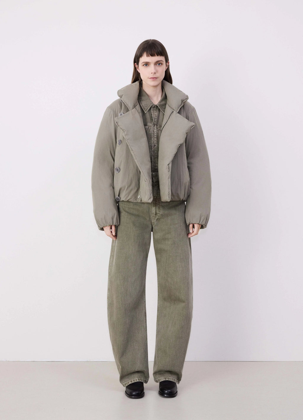 Lemaire short puffer blouson in light cotton blend, model shot, front centered view double-breasted closure