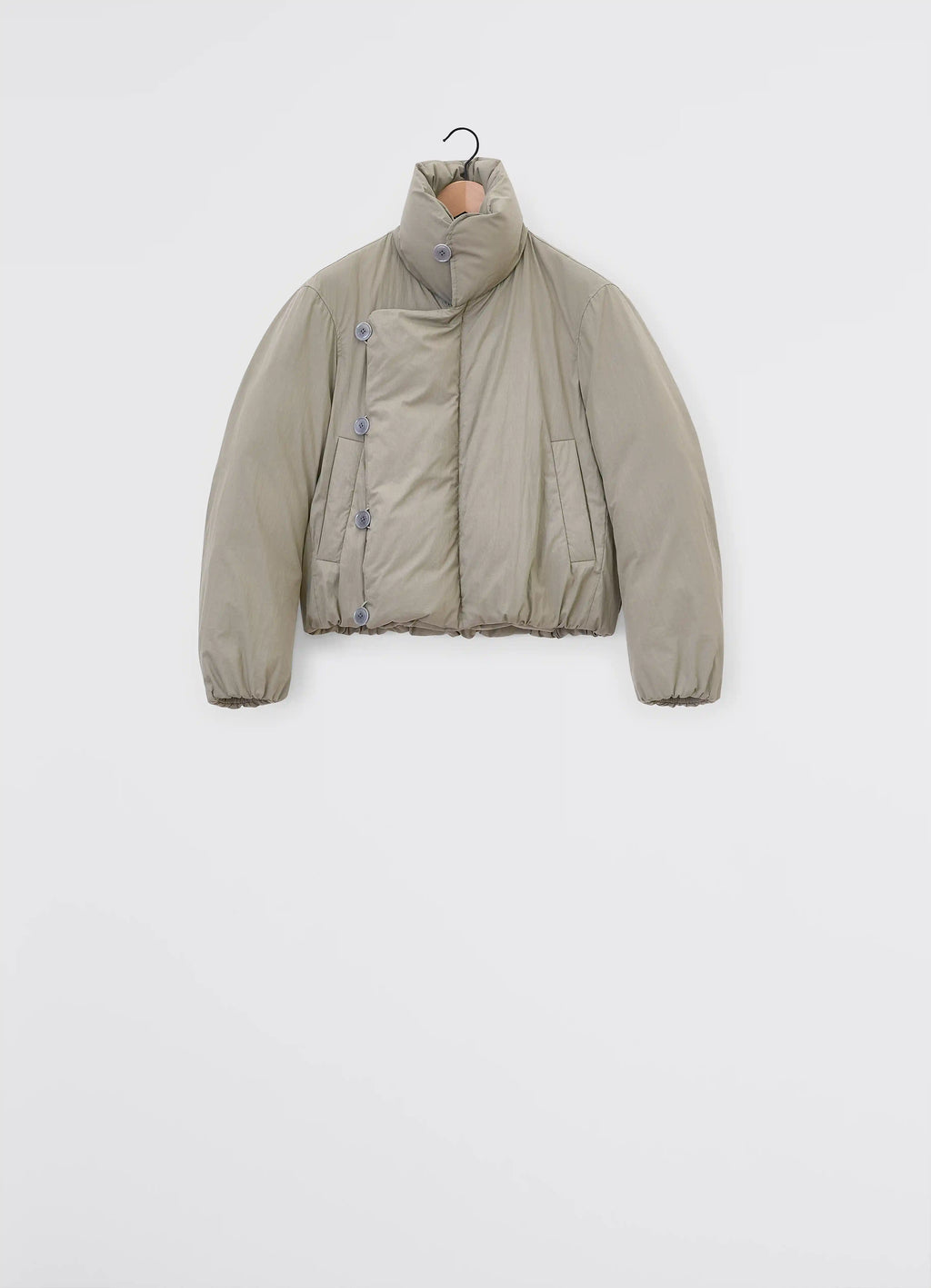 Lemaire short puffer blouson in light cotton blend, product shot, back centered view high collar, elastic cuffs