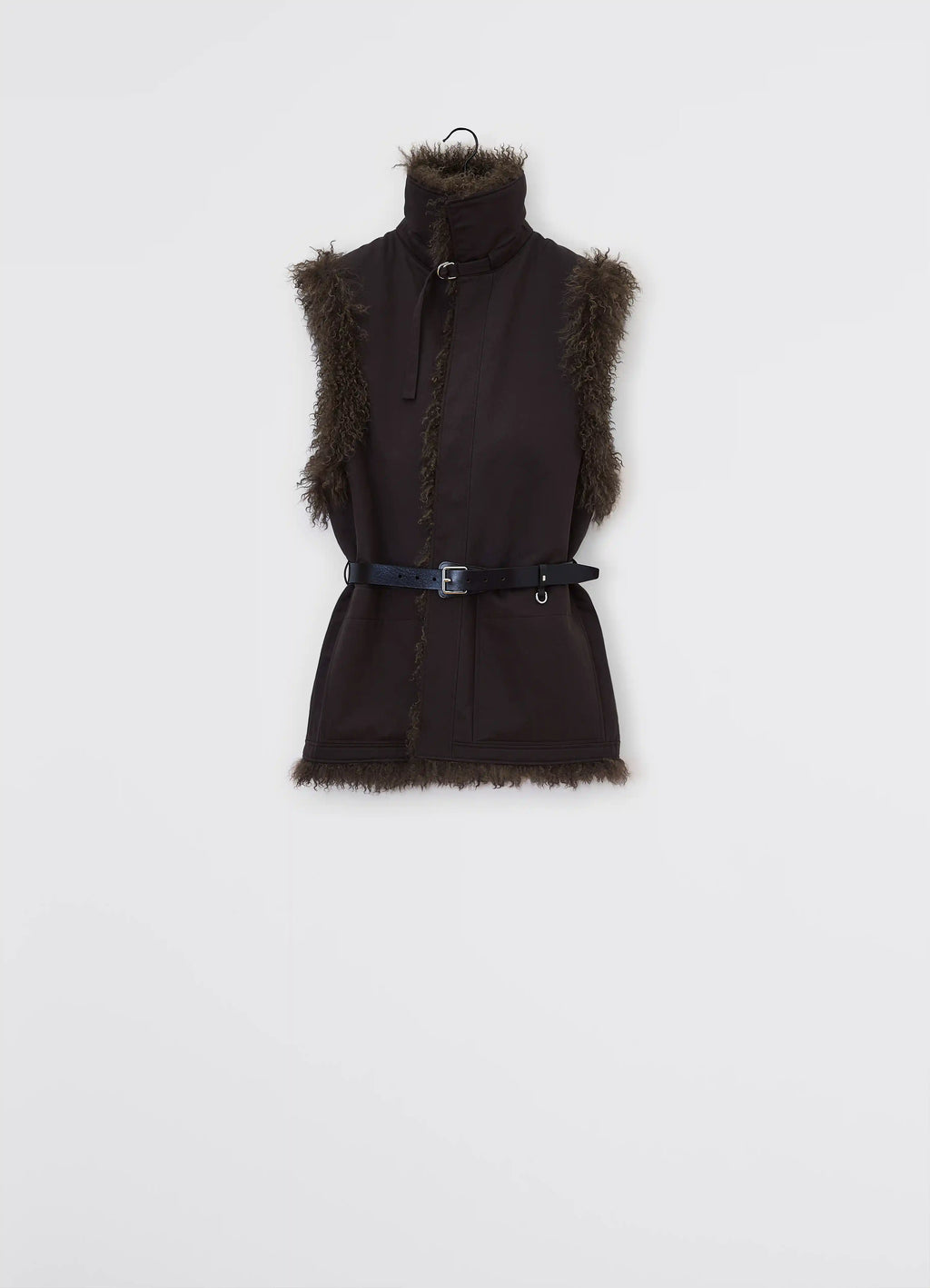 Lemaire reversible belted long shea in dark shearling and cotton twill, product shot, back view sleeveless with belt