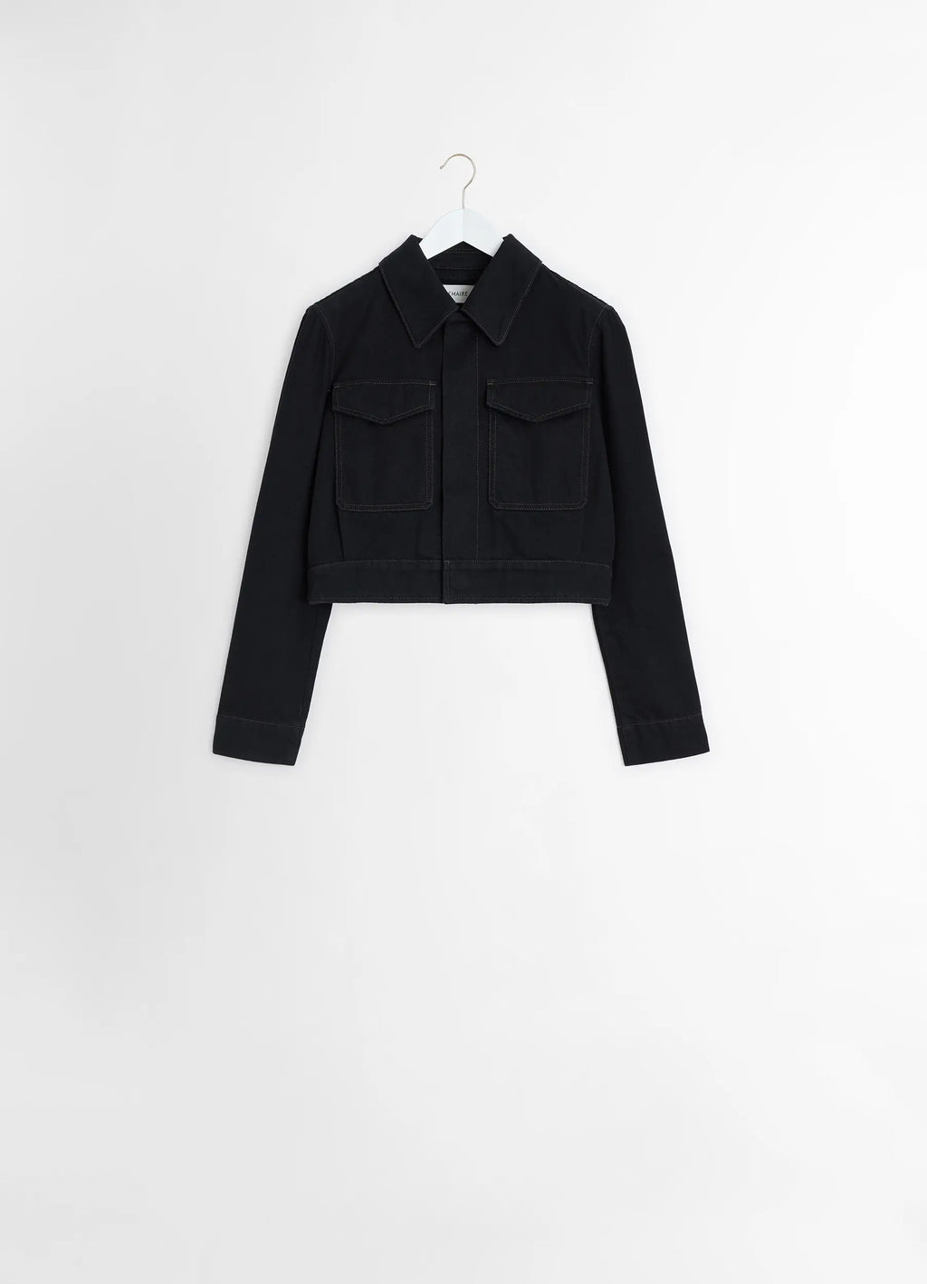 Lemaire two pocket cropped jacket in deep black heavy denim, product shot, hanger display view two chest flap pockets