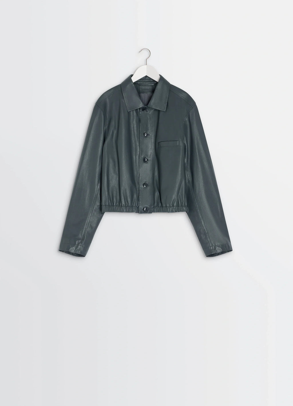 Lemaire soft leather blouson in soft cow leather, product shot, hanger display front collared minimal stitching