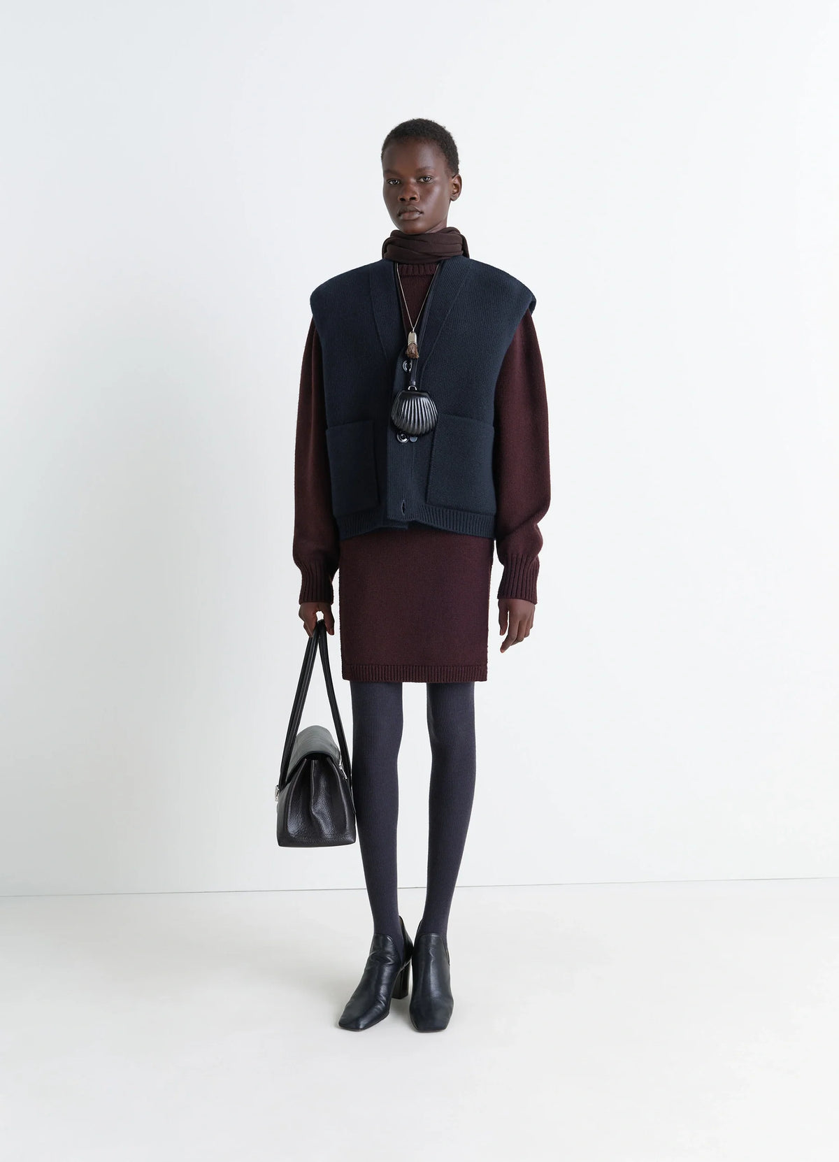 Maxi Sleeveless Cardigan in Wool Blend Double-Faced Knit, model shot, Front view Oversized architectural silhouette