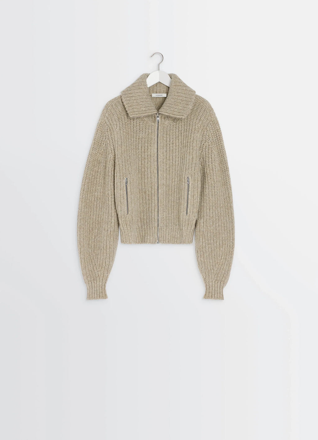 Zip-up cardigan with stand-up colla in alpaca and yak wool knit, product shot, hanger front view cropped length, ribbed cuffs