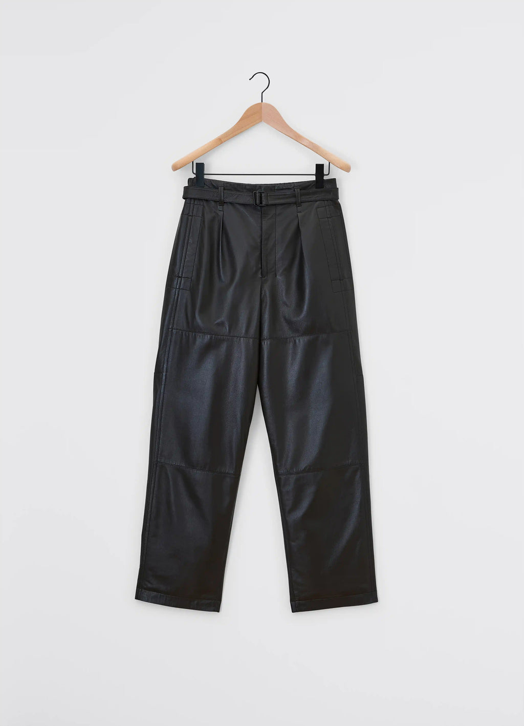 Lemaire drawstring parachute pants in black ultra-fine lamb leather, product shot, hanger shot pleated front