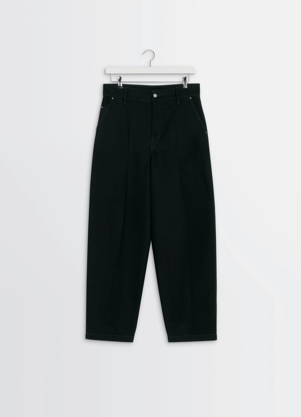 Lemaire maxi barrel workwear pants in deep black thick denim, product shot, top hang view pleated tapered leg