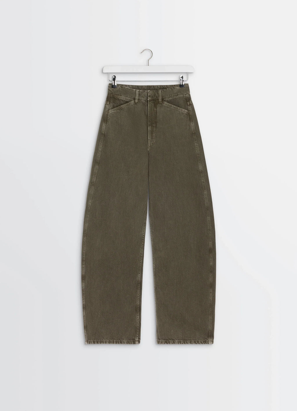Lemaire high waisted curved pants in heather garment dyed snow denim, product shot, elevated top view hanger display, seamles