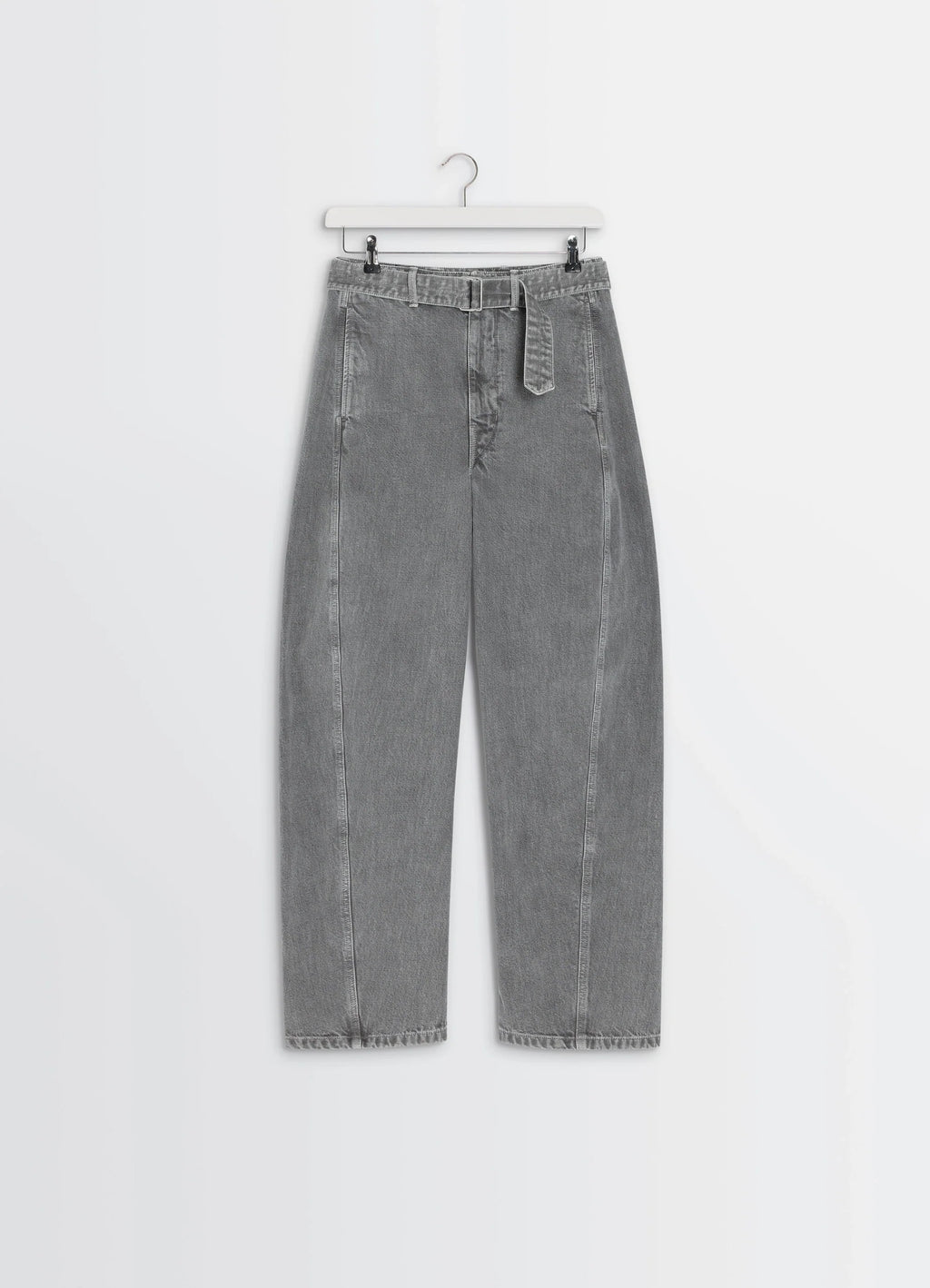 Lemaire twisted belted pants in snowy patina thick denim, product shot, hanger front view tapered leg silhouette