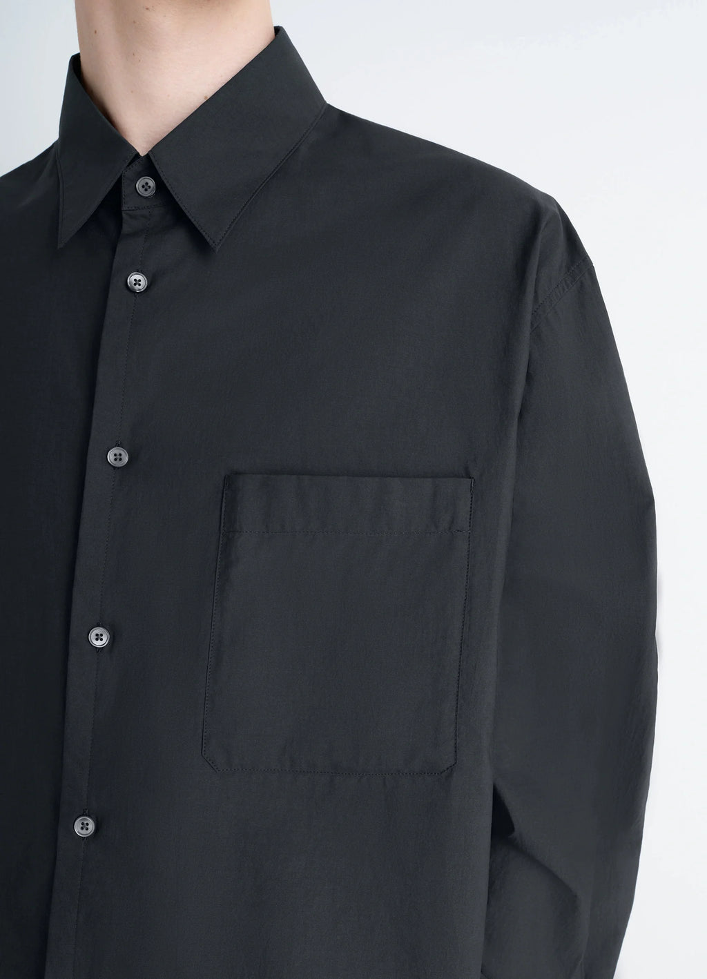 Lemaire regular shirt in washed cotton silk, product shot, close-up detail single chest pocket