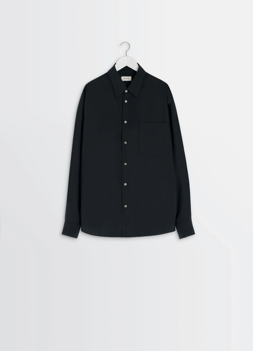 Lemaire regular shirt in washed cotton silk, product shot, side view buttoned cuffs
