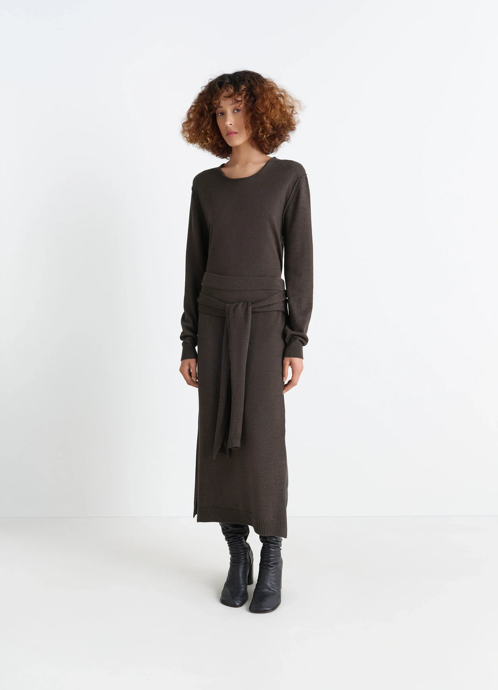 Lemaire Trompe LOeil Skirt in Blended Merino Wool, model shot, Front view Sweater-style tie panels